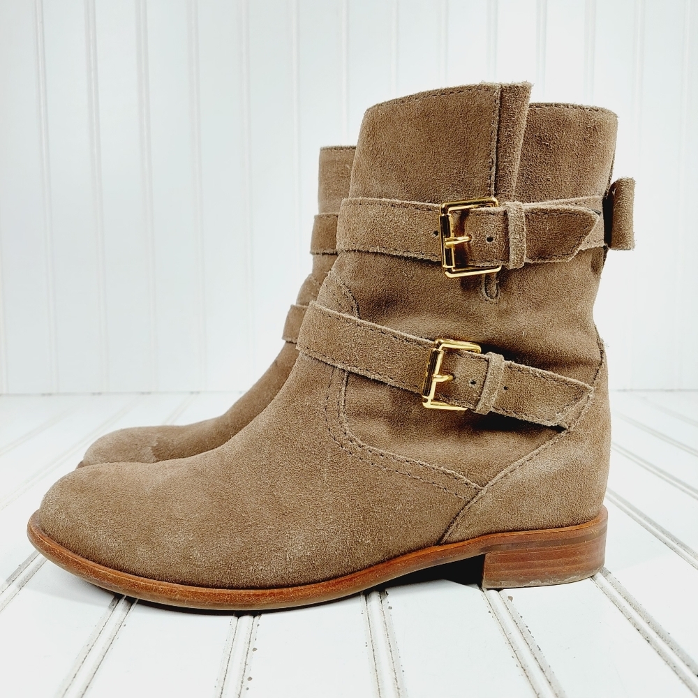 Kate Spade Sabina Tan Suede Double Buckle Combat Moto Boots E994